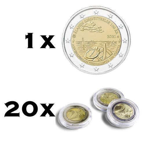 2 euroa Suomi 2021 Ahvenanmaa ja 20 kpl kapseleita 2 euron rahoille